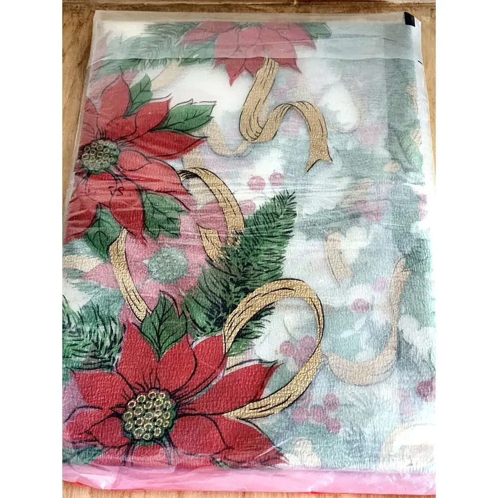 Vintage Vinyl Poinsettia Christmas Tablecloth 52